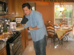 My husband Mark cooking up on his McCracken's Mac & Cheese on Thanksgiving and also being his "Cheesy" self!