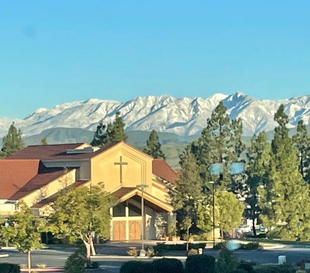 Snow on the mountains overlooking church this morning. It’s very peaceful and serene looking. ❄️
